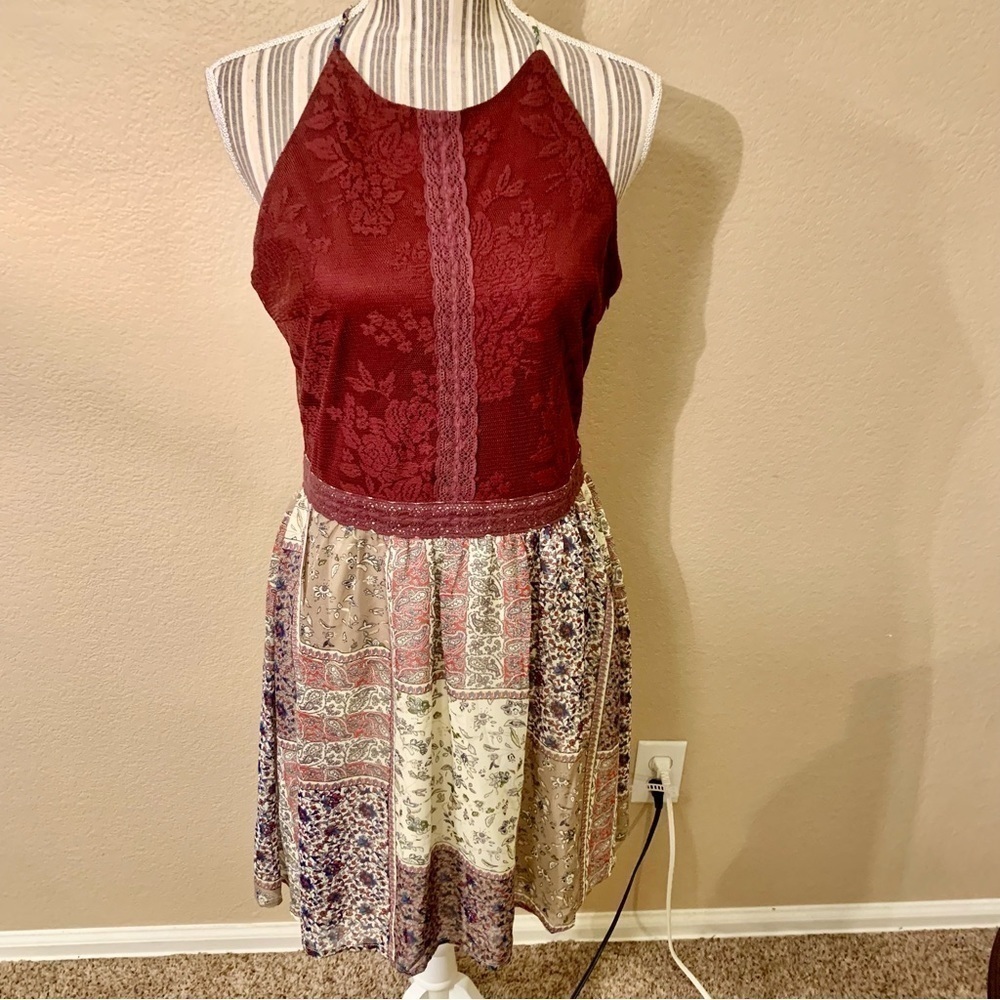 Doe & Rae Mini Dress Large Burgundy Floral Lace Patchwork Skirt Ivory Boho Flowy